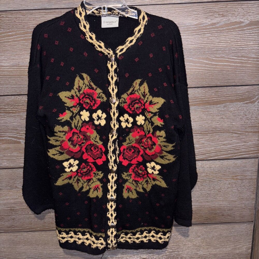 Gorgeous Womens Folk Style Pattern Black Rose Gold Floral Cardigan Sweater VTG